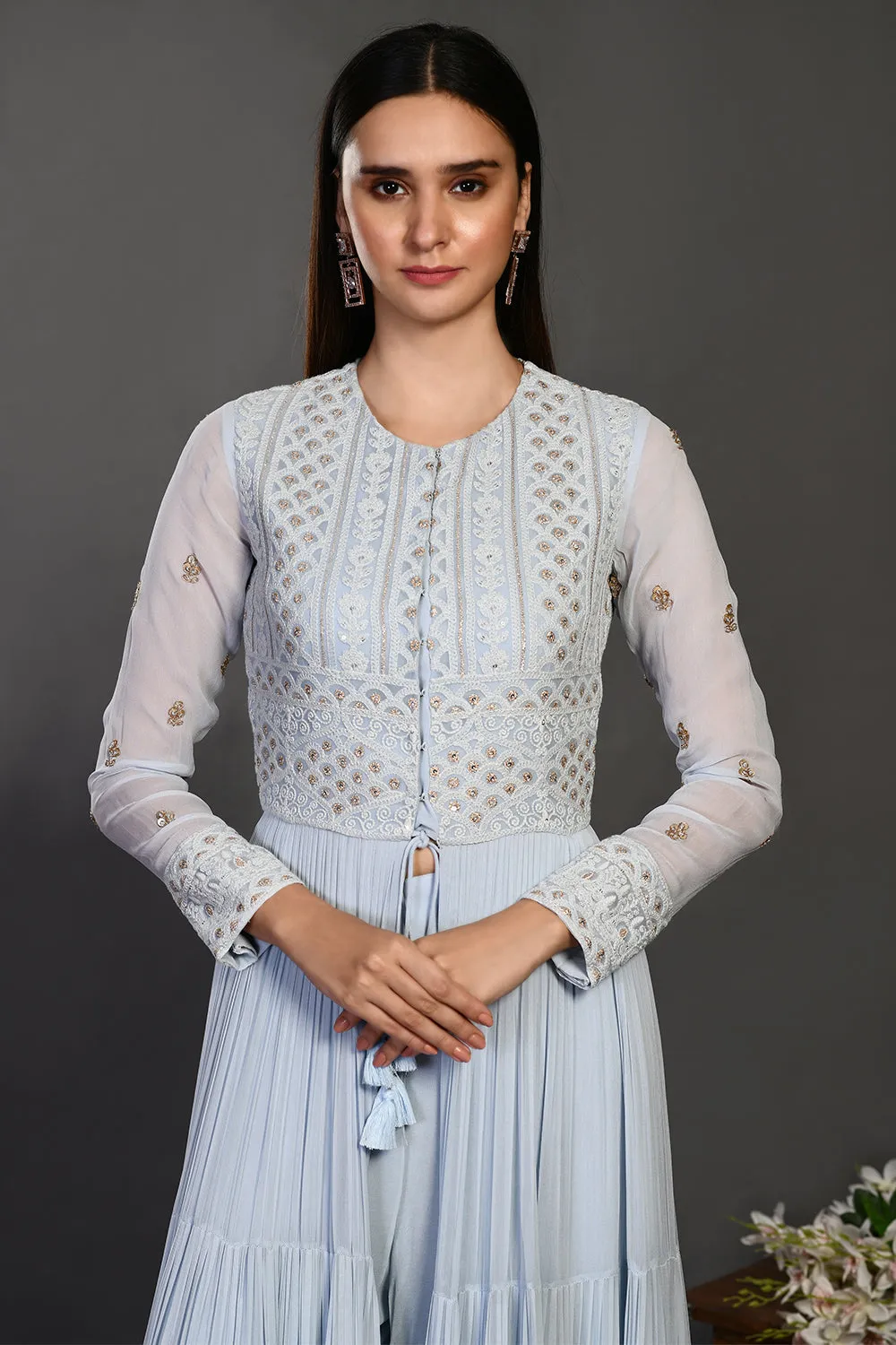 50Z995-RO Doctor Blue Embroidered Georgette Chikan Suit Set