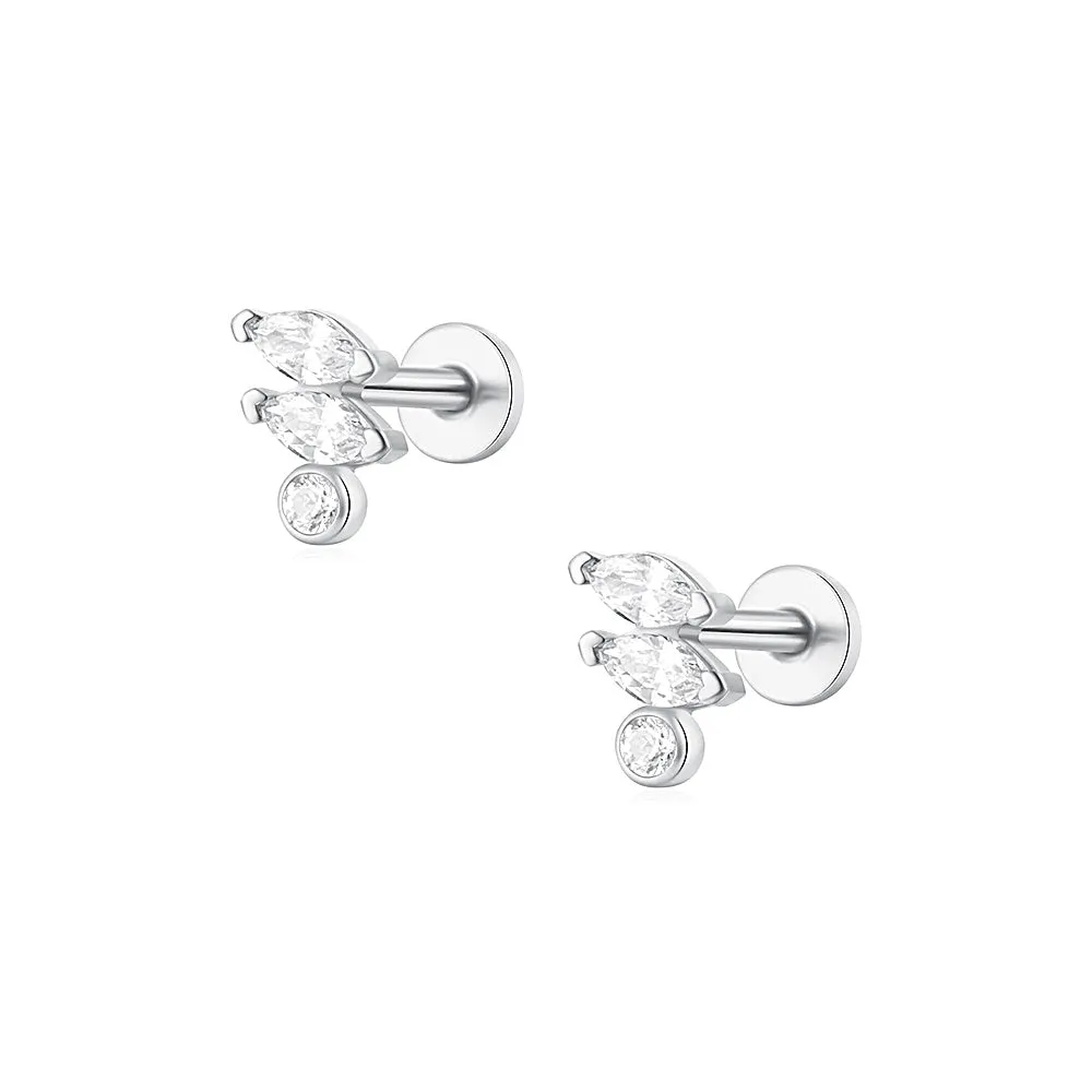 Exquisite Three CZ Diamonds Flat Back Earrings