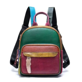 Genuine Leather School Bag with Brown Plaid Design