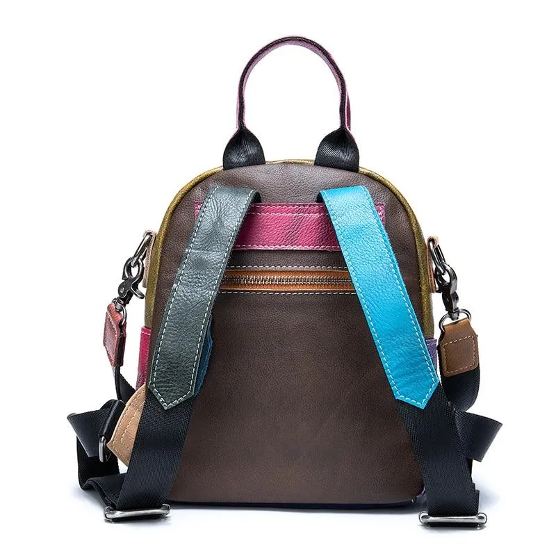 Genuine Leather School Bag with Brown Plaid Design