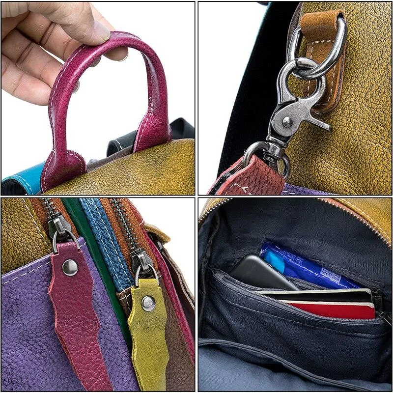 Genuine Leather School Bag with Brown Plaid Design