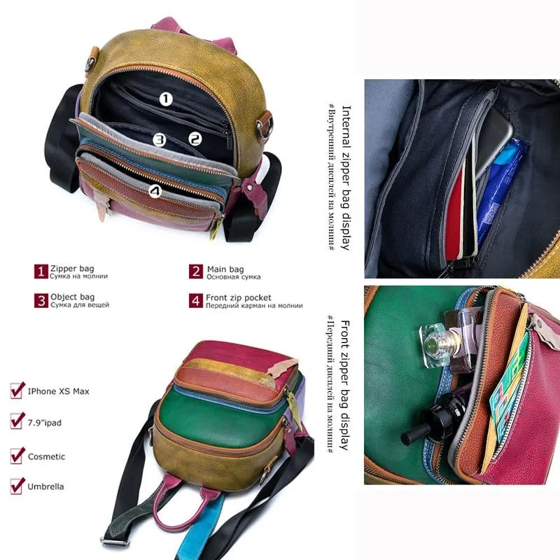 Genuine Leather School Bag with Brown Plaid Design