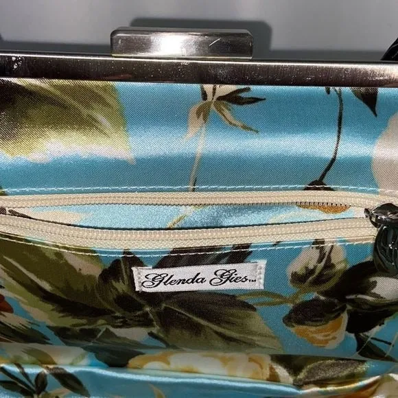 Glenda GeisTan Turquoise Leaf Print Rec Kiss Lock Bag