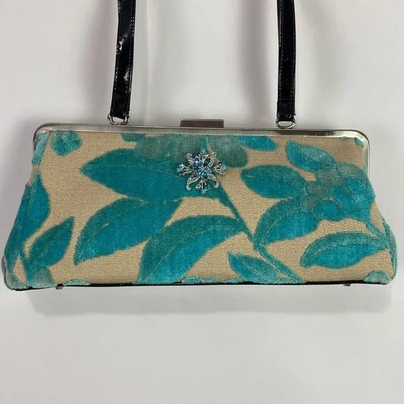 Glenda GeisTan Turquoise Leaf Print Rec Kiss Lock Bag