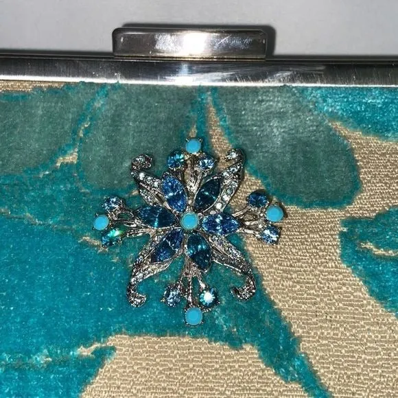 Glenda GeisTan Turquoise Leaf Print Rec Kiss Lock Bag